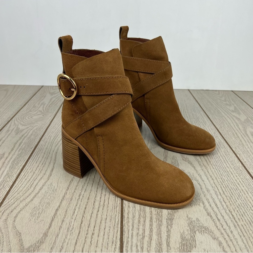 See by Chloé Suede Buckle Ankle Booties 37.5 Tobacco (Tan) & Goldtone Metal $525